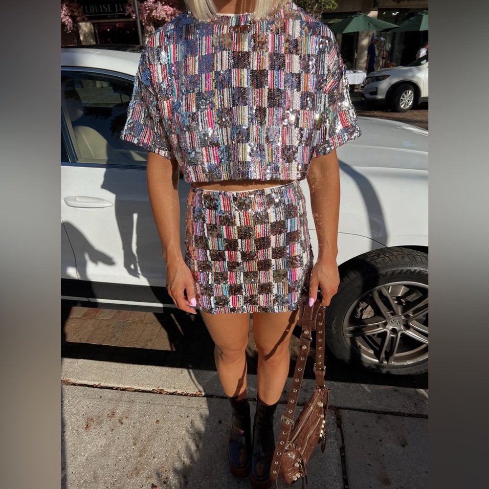 Bejeweled Checkered Sequin Skirt Set